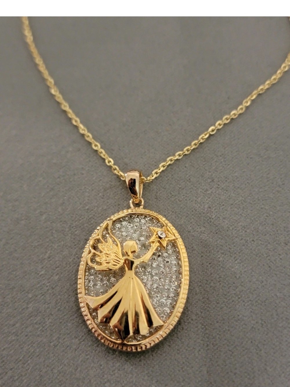 925 Sterling Silver Gold Vermeil Angel Pendant Necklace Star Oval Rhinestone